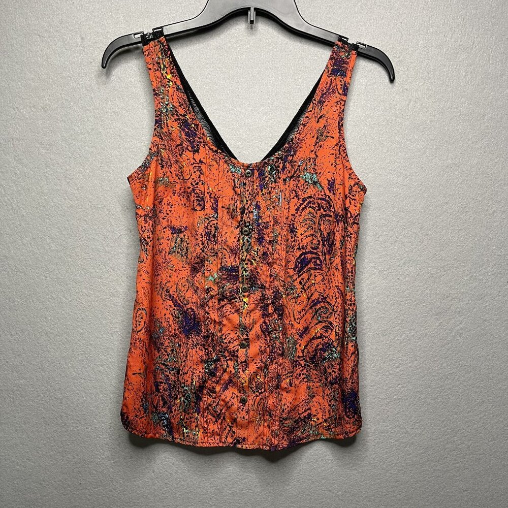 Lush Orange Abstract Print Tank Top With Lace Trim XS